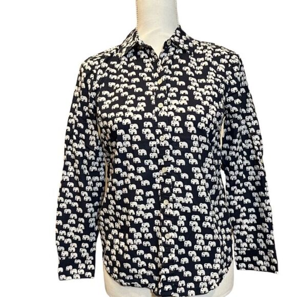 Talbots Petites Navy with White Elephants Button Down Women's Size Small Petite - Picture 1 of 9